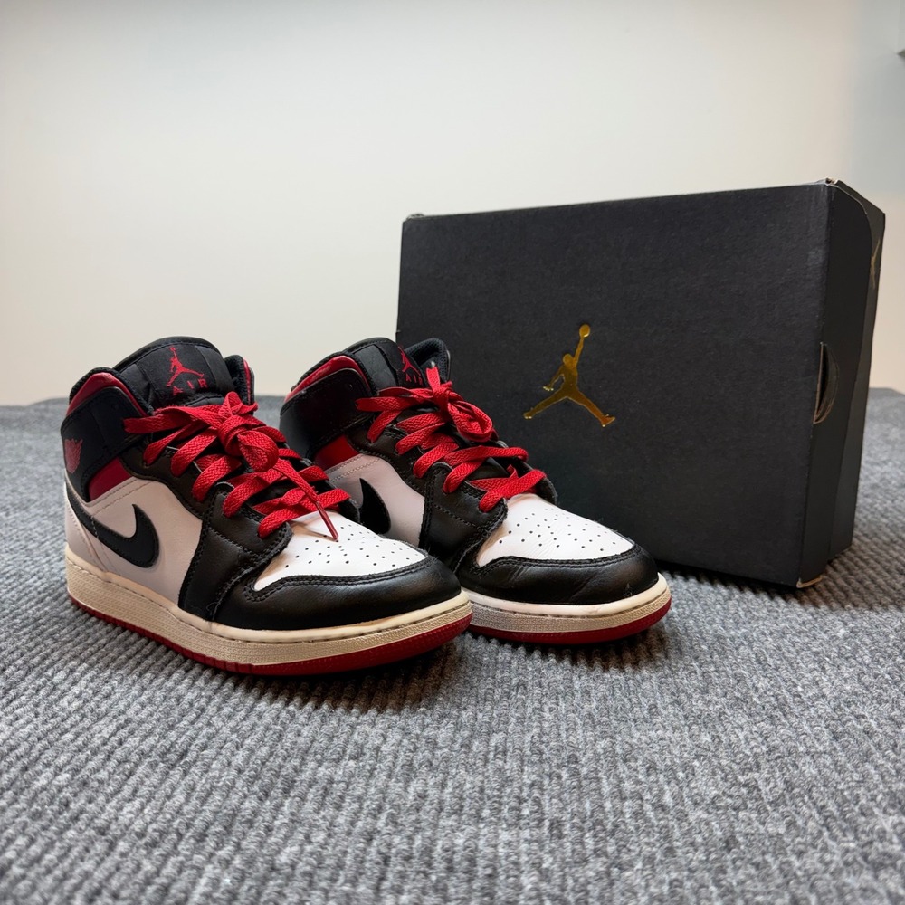 Nike Jordan 1 Mid White Black Red Sneakers Youth 6Y Retro High Top Basketball